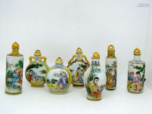 CHINA Set of seven porcelain snuffboxes with polychrome decoration of erotic scenes. Different sizes and models.