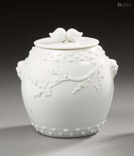 CHINA Covered porcelain pot in the shape of a barrel with a studded rim. Handles featuring Buddhist lion heads. The grip of the lid in the shape of peaches of longevity. Early 20th century. H. : 16 cm