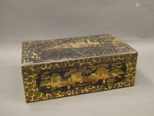 CHINA, Canton end XIXth century Rectangular box in blackened wood with painted decoration of palace scenes. Metal handles.