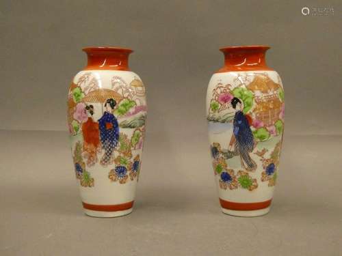 CHINA Pair of small baluster vases with rusty collar and decorated with women in a garden H. :20cm