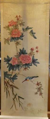 JAPAN Two scrolls with a kingfisher pattern connected to flowering trees.