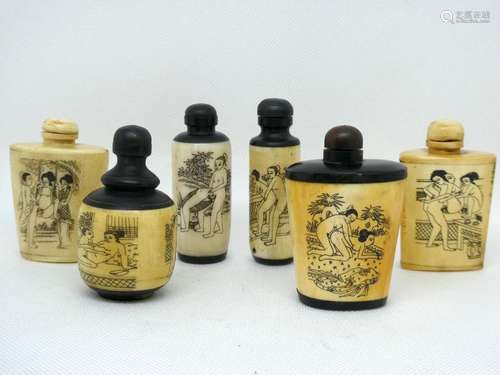 CHINA Set of six ivory snuffboxes decorated with erotic scenes. Dim : from 7 to 8cm