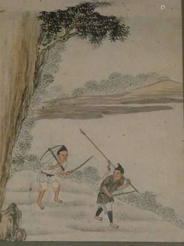 CHINA - Around 1900 Two album pages, ink and colour on paper, minority men hunting and fishing. Dim. 26 x 19.5 cm. Framed under glass