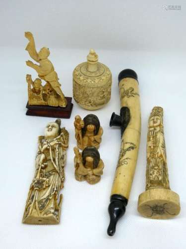 Set of various bone objects including opium pipe, carved subjects, covered box... Gross Weight: 498g.