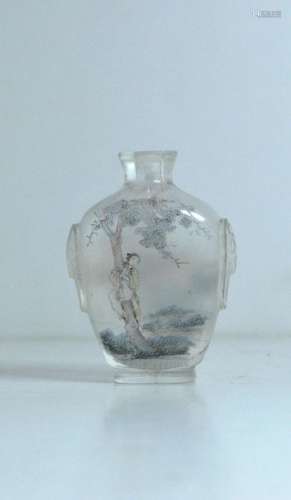 CHINA Snuffbox bottle made of glass painted inside a landscape on one side and a child climbing a tree on the other. Handles in slight relief.