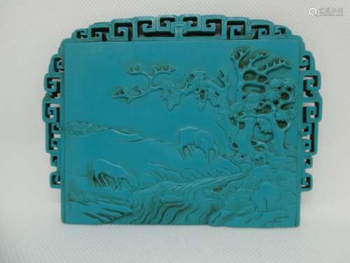 Carved hard blue stone plate. Size: 11.4 x 15.3 cm