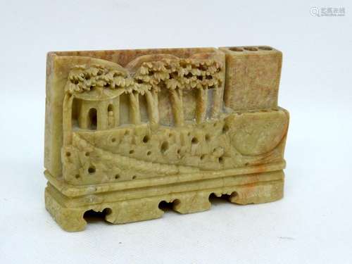 CHINA Brush holder in hard stone with relief decoration of large trees and a pagoda. Dim: 8x13x2cm