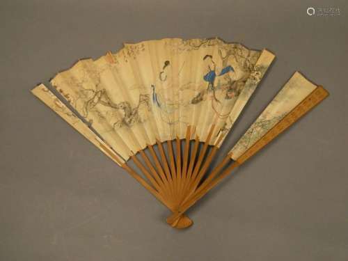 CHINA Fan with wood and gouache upright. Accidents