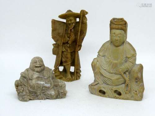 CHINA Set of three stone subjects including Buddha, sage and standing figure.