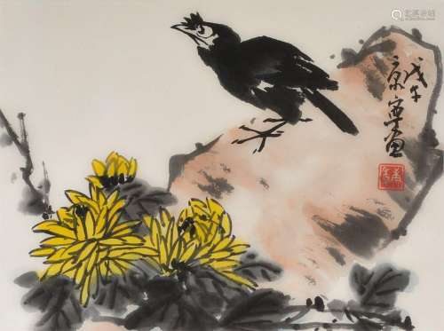 BIRD ON A ROCK. China, 20th century. 50 x 69 cm. I…