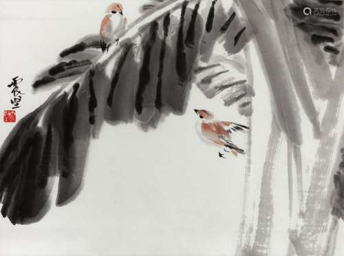 BIRDS AND A BANANA PALM. China, c. 1948. 34 x 45.5…