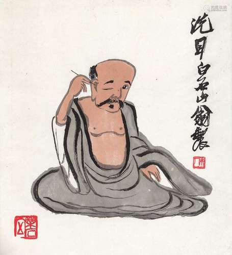 MONK. China, 1950s. 31 x 34 cm. Color woodblock re…