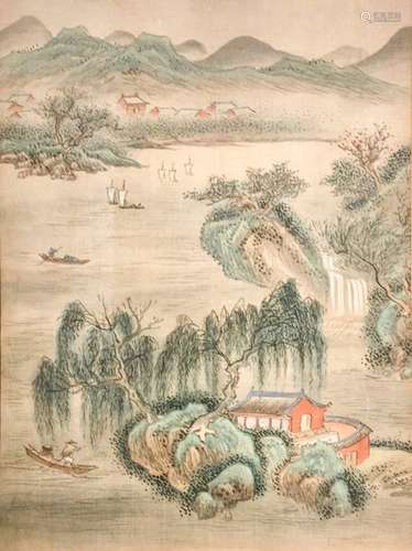 RIVER LANDSCAPE. China, early 20th century. 30 x 2…