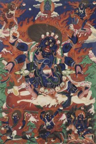 A THANGKA OF THE SIX ARMED MAHAKALA. Mongolia, ear…