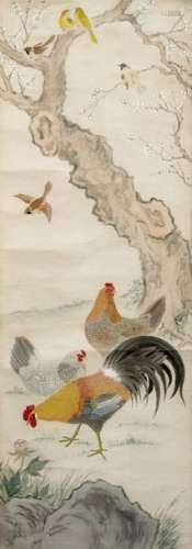 FLOWERING TREE WITH HEN AND ROOSTER. China, undate…