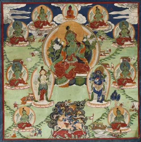 A THANGKA OF THE GREEN TARA. Tibet, 19th century. …