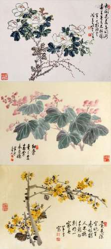 A GROUP OF THREE FLORAL WOODBLOCK PRINTS. China, 2…