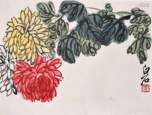 CHRYSANTHEMUMS. China, 1950s. 23.5 x 31 cm. Color …