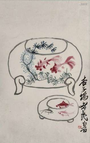 AQUARIUM WITH FISH. China, 1950s. 43 x 27 cm. Colo…