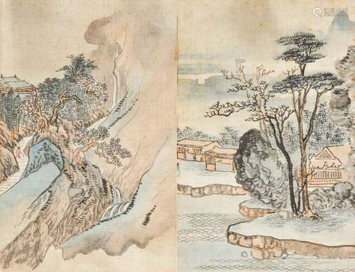 TWO ALBUM PAGES WITH LANDSCAPE PAINTINGS. China, e…