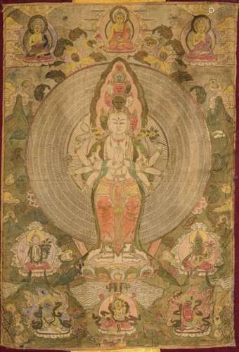 A THANGKA OF THE ELEVEN HEADED AVALOKITESHVARA. Mo…