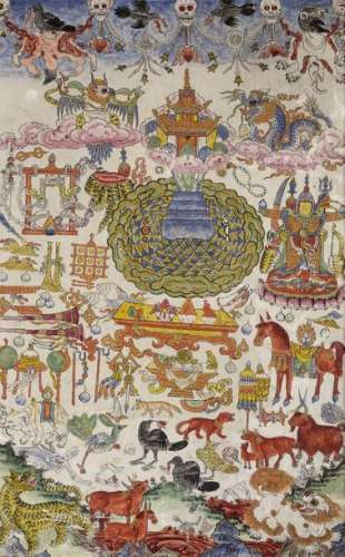 A THANGKA OF OFFERINGS TO WRATHFUL DEITIES. Mongol…