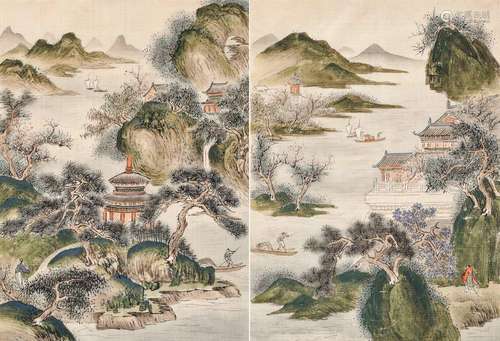 TWO ALBUM PAGES WITH LANDSCAPE PAINTINGS. China, e…