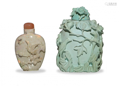 2 Chinese Snuff Bottles Turquoise and Opal, Mid-20th