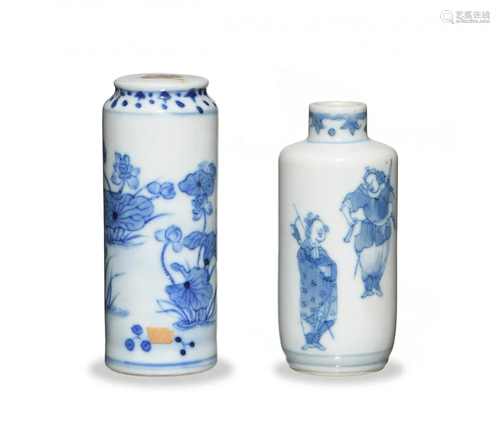 2 Chinese Blue and White Snuff Bottles, 18-19th Century