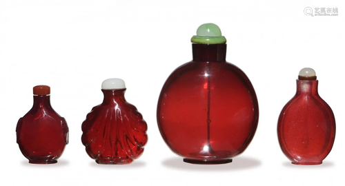 4 Chinese Red Peking Glass Snuff Bottles, 18-19th