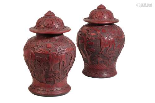 PAIR OF LARGE 'CINNABAR' COVERED JARS, LATE QING / REPUBLIC PERIOD