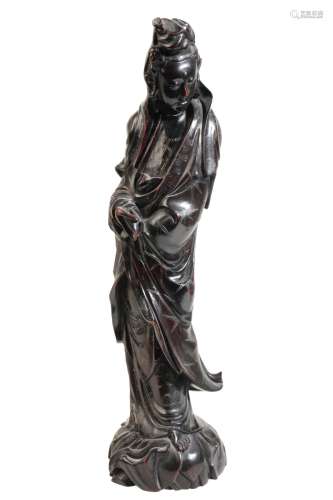 CARVED ROSEWOOD WOOD AND SILVER INLAID FIGURE OF GUANYIN, QING DYNASTY, 18TH / 19TH CENTURY
