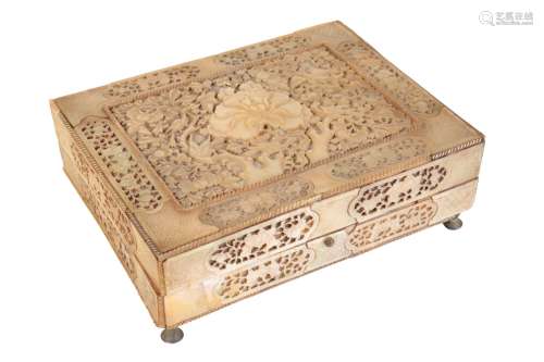 CHINESE EXPORT CARVED MOTHER-OF-PEARL 'LOTUS' BOX