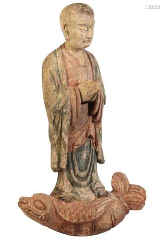CARVED AND POLYCHROME PAINTED WOOD FIGURE, MING OR LATER