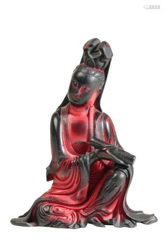 UNUSUAL RED 'LACQUER' SEATED GUANYIN