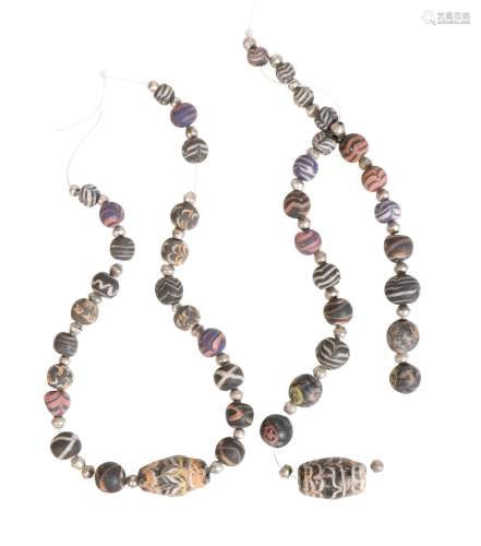 TWO EGYPTIAN GLASS NECKLACES WITH SILVER BEADS, 19TH CENTURY