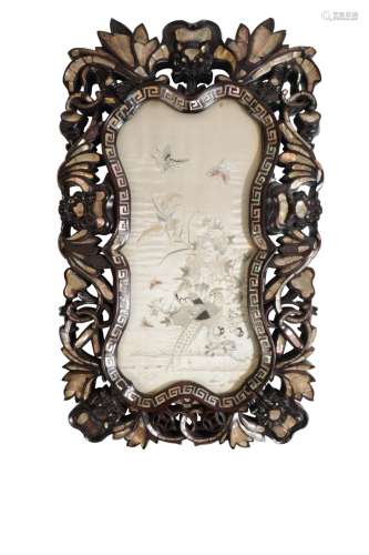 UNUSUAL CHINESE EXPORT CARVED HARDWOOD AND MOTHER-OF-PEARL FRAME, QING DYNASTY, 19TH CENTURY