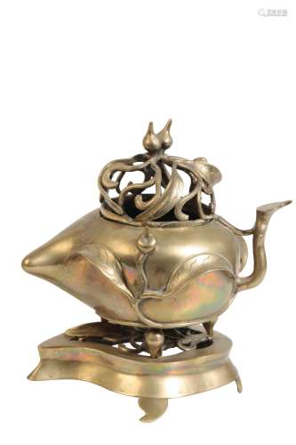 PEACH FORM COVERED BRONZE CENSER AND STAND, QING DYNASTY