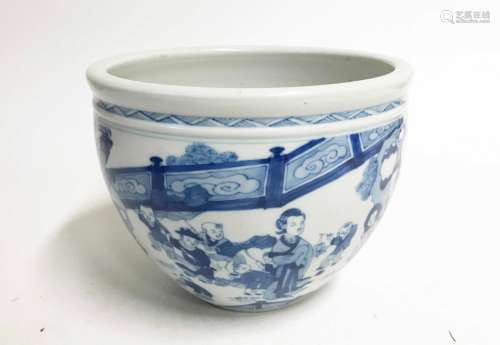 BLUE AND WHITE TRANSITIONAL STYLE JARDINIERE, 20TH CENTURY