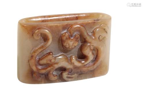 CARVED RUSSET JADE RING AND A CORAL FIGURE