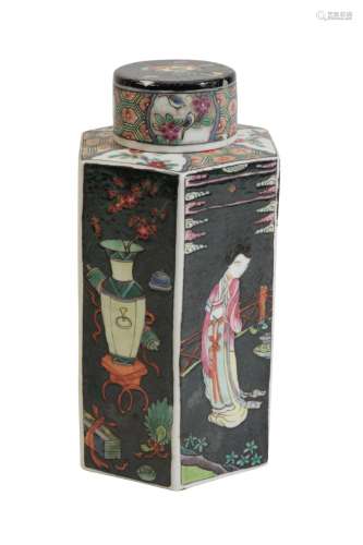 FAMILLE NOIRE HEXAGONAL TEA CANISTER, LATE QING DYNASTY