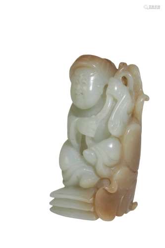 CARVED JADE 'BOY AND LOTUS' GROUP, QING DYNASTY