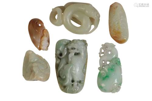 GROUP OF SIX JADE AND HARDSTONE CARVINGS, QING OR LATER