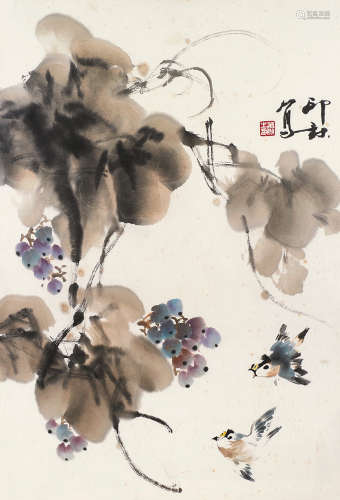 萧朗（1917～2010） 葡萄双燕 镜框 设色纸本