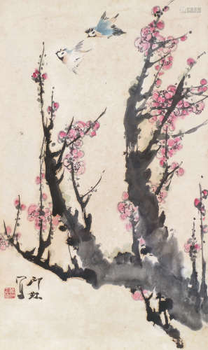 萧朗（1917～2010） 梅花双燕 镜框 设色纸本