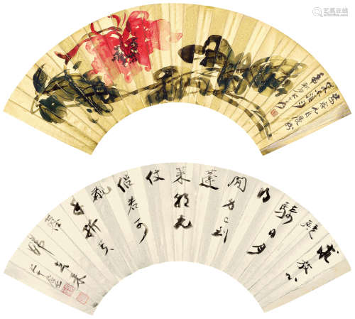 张大千（1899～1983） 牡丹、书法 镜片 设色金笺