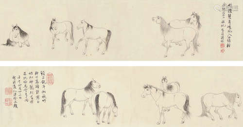 溥佺（1913～1991） 白描群马图 手卷 白描
