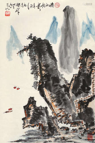 黄独峰（1913～1998） 漓江帆影 镜片 设色纸本