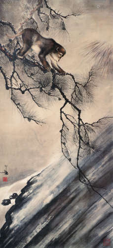 黄幻吾（1906～1985） 松猴图 镜片 设色纸本
