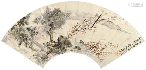 任预（1853～1901） 山水人物扇面 镜片 设色纸本